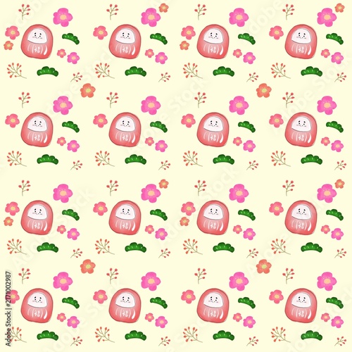 Hand drawn Japanese Daruma Doll Seamless Pattern with Flowers, Lucky Charm and Traditional Asian Floral Background