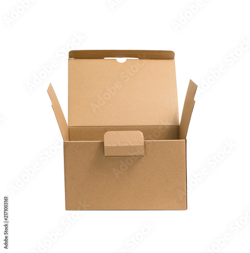 Open brown cardboard box isolated on white background front view