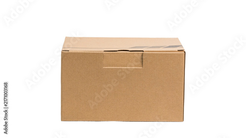 Closed brown cardboard box isolated on white background