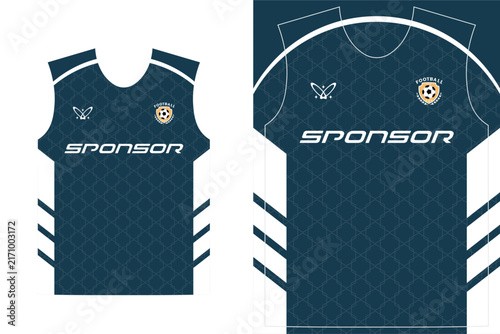 Professional soccer jersey design template with dark blue pattern and white accents