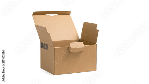 Open brown cardboard box isolated on white background front view