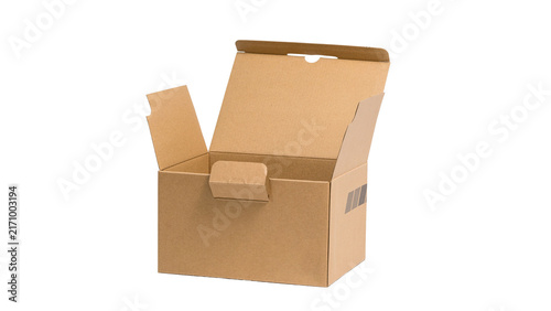 Open brown cardboard box isolated on white background front view