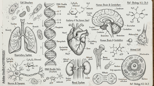 Detailed vintage anatomical sketch showing various human organs like the heart lungs brain and kidneys with handwritten scientific notes