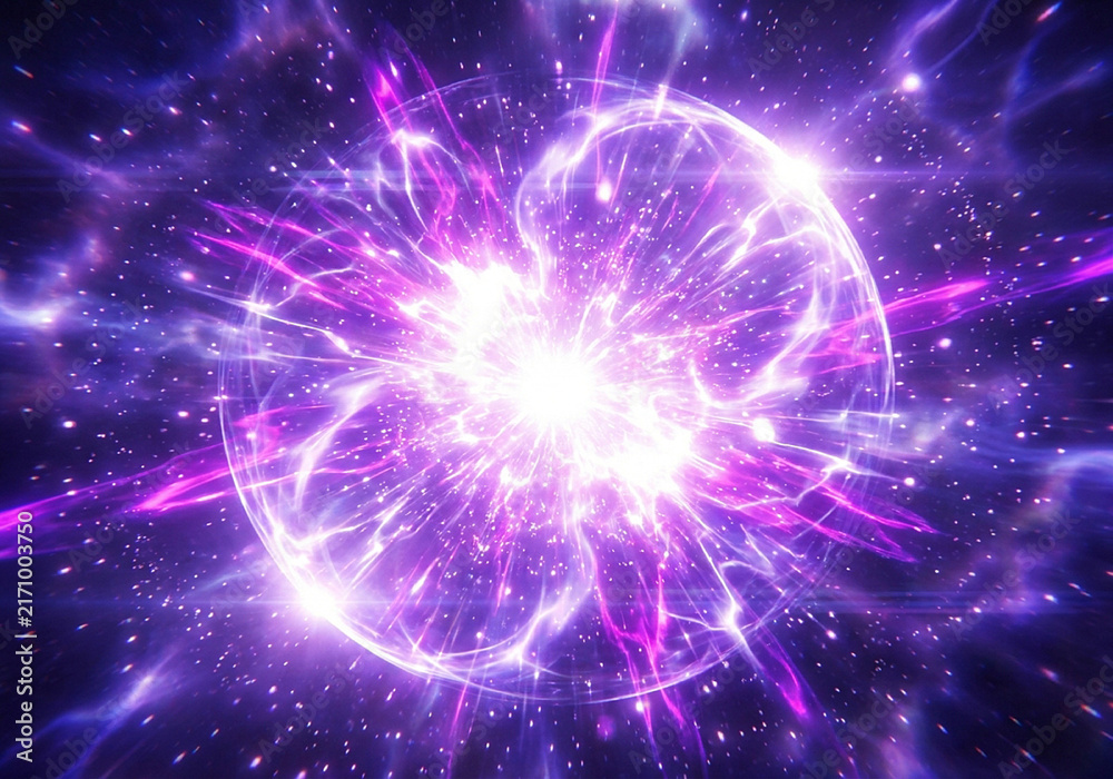 Fototapeta premium Purple spherical energy explosion with glowing light particles and abstract cosmic rays.