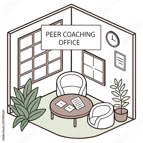 Flat design illustration of a peer coaching office with desk chair plant motivational poster on wall coaching workspace desk setup office interior business coaching professional workspace