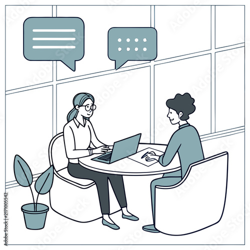 Illustration of two professionals collaborating at a modern office desk with laptops and documents office collaboration teamwork illustration professionals working together corporate teamwor