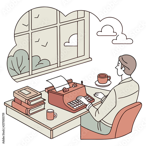 Isometric illustration of a cozy home office setup with a person working at a wooden desk and a potted plant on the windowsill workspace design office interior office environment