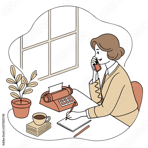 Illustration of a person watering a potted plant with a watering can next to a laptop and coffee cup on a desk setup home office plant care digital workspace indoor plant