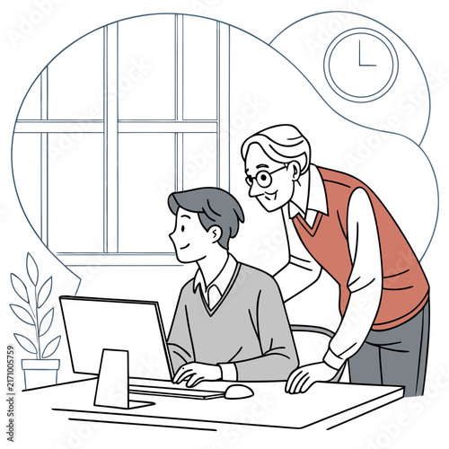 Man in suit sitting at desk with laptop and potted plant in bright office with clock on wall man working laptop work modern office home office desk setup office illustration computer work