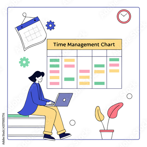 Business professional reviewing time management chart on laptop with productivity icons and calendar elements in modern office setting laptop review work schedule task management