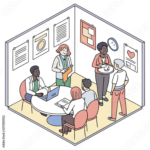 Illustrated team collaboration in modern office with documents and charts on desk and whiteboard office meeting business discussion teamwork illustration office environment corporate meetin