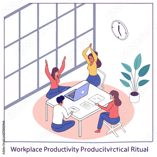Cartoon illustration of workplace productivity ritual with coffee cup plants office supplies on desk workplace wellness office organization daily routine office decor
