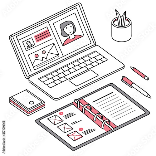 Isometric illustration of a person using a tablet with a coffee cup and plant on a desk next to a window small plant office remote work setup modern workspace design digital workspace