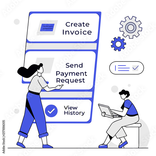 Flat design illustration of business invoice creation process with payment request and history tracking steps business finance financial transaction digital invoice send payment