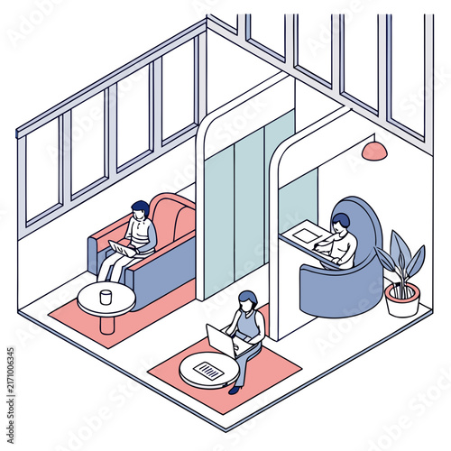 Isometric illustration of office workers collaborating in a modern glass-walled meeting room with laptops and documents team collaboration laptop presentation business discussion glass walls