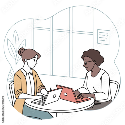 Vector illustration of two colleagues reviewing documents on a laptop with potted plant and coffee cup in bright office space office collaboration document review laptop work modern office