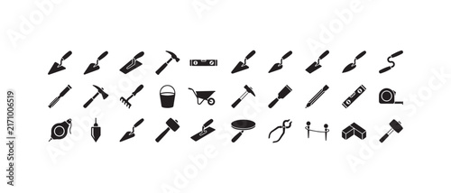 black and white icons of construction tools and equipment