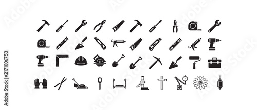 Black and white collection of construction tools and equipment icons