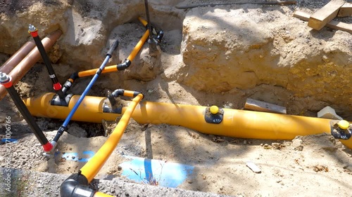 Installation of water and heating lines in the city center of Wiesbaden. Large construction site, road works
