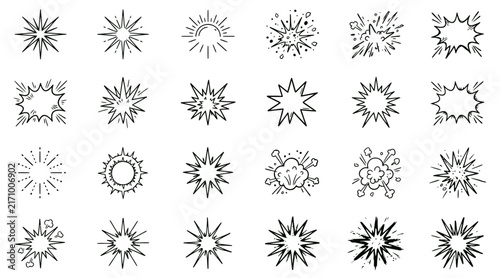 Set of hand drawn comic book style explosion and starburst elements isolated on a white background