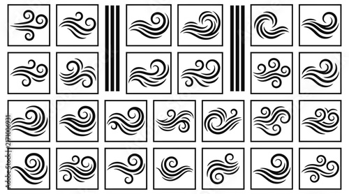 Set of various black and white wind gust icons arranged in a grid pattern on white background