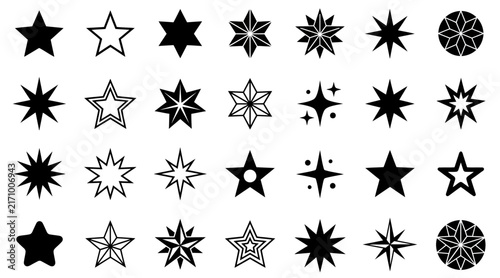 Set of various black star icons and sparkling shapes for graphic design and decorative element projects