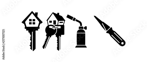 black and white illustration of house keys and tools
