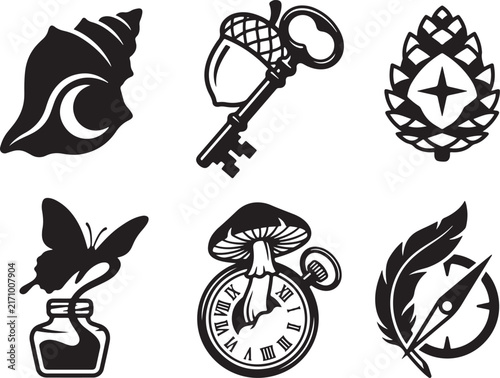Mystical Symbol Icon Collection | Shell, Key, Butterfly, Mushroom Clock and Compass Vector Set