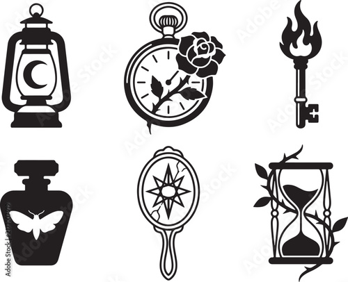 Vintage Mystical Icon Collection | Lantern, Pocket Watch, Compass, Butterfly and Hourglass Vector Set