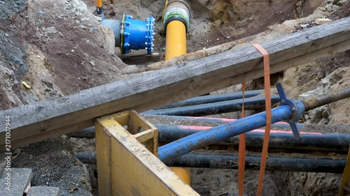 Installation of water and heating lines in the city center of Wiesbaden. Large construction site, road works