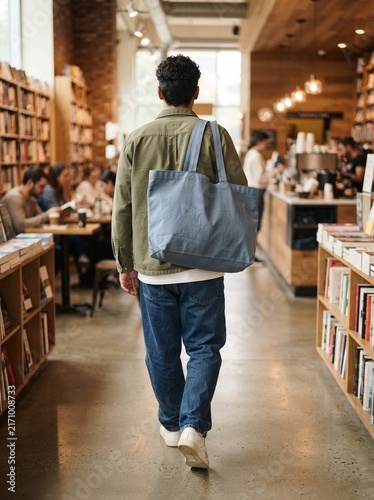 Rear View of Young Man Walking Through a Cozy Bookstore and Cafe with a Large Blue Tote Bag