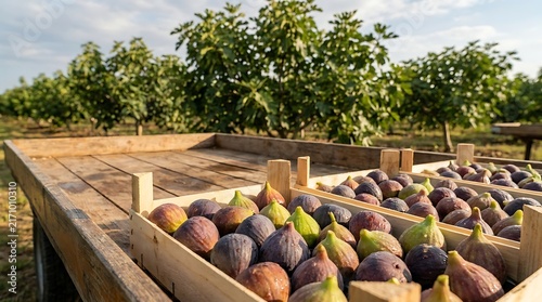Freshly harvested ripe figs fill rustic wooden crates in a sun-drenched organic orchard, embodying nature's sweet summer bounty and sustainable farming practices