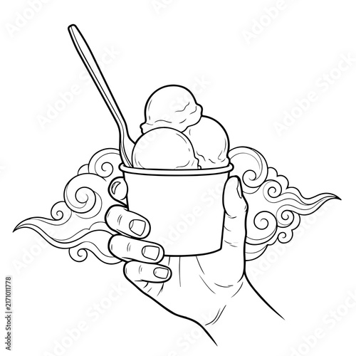 Black and white vector illustration of a hand holding an ice cream cup