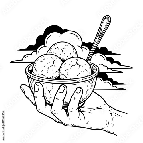 Vector graphic illustration of a hand holding an ice cream bowl with spoon