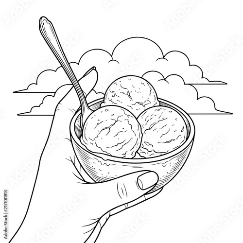Outline vector illustration of a hand holding an ice cream bowl with sweet treat