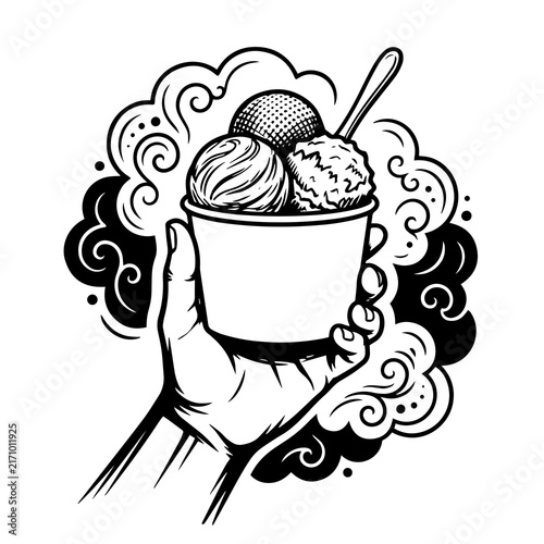Retro black and white vector illustration of ice cream cup in hand with food art