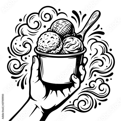 Detailed graphic illustration of a hand holding ice cream in cup with food art