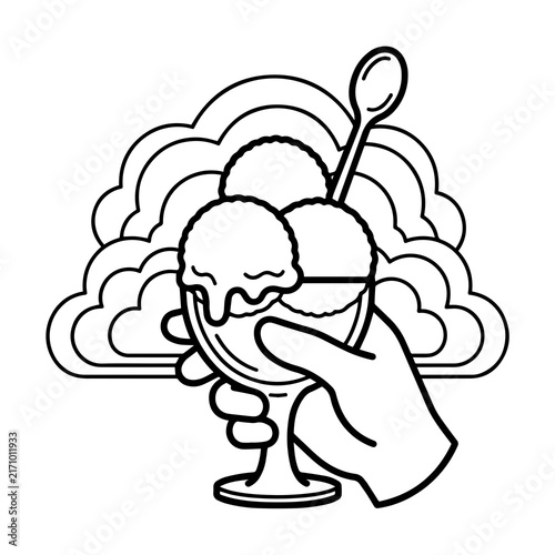 Hand holding ice cream sundae glass with spoon and cloud background vector art