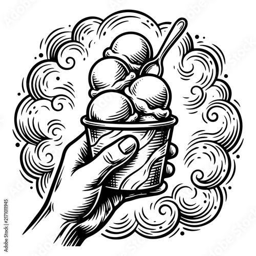 Hand holding ice cream cup with multiple scoops and spoon vintage style line art