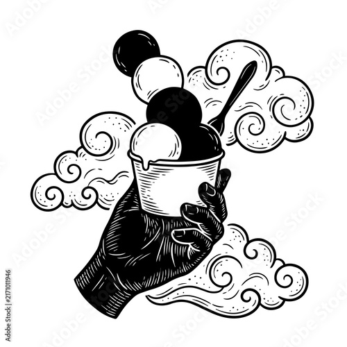 Hand holding ice cream cup with stacked scoops and decorative cloud background