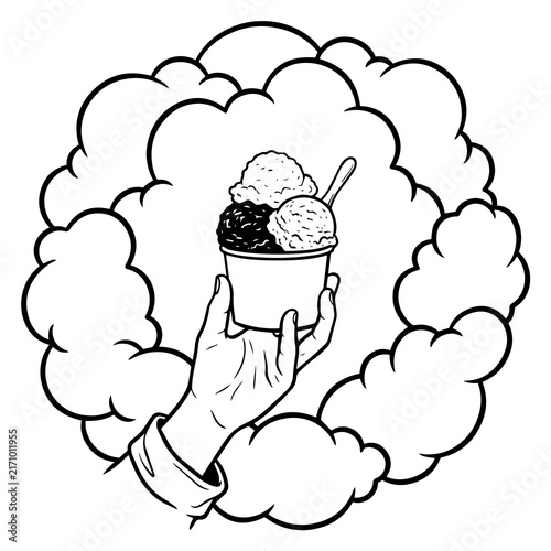 Hand holding ice cream cup with scoops and spoon outlined icon vector