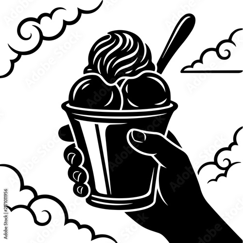 Hand holding paper cup with ice cream scoops and soft swirl topping vector
