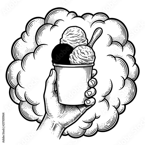 Vintage engraved style hand holding ice cream cup with scoops and spoon vector
