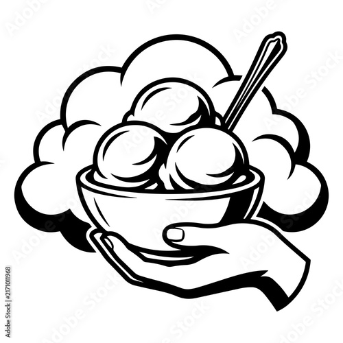 Black and white vector graphic of a hand holding a bowl of ice cream