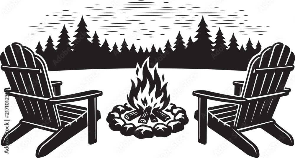 Obraz premium Two chairs facing a campfire in front of a forest silhouette