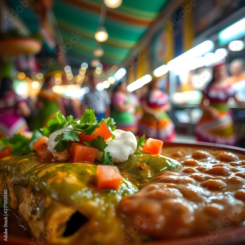 Authentic Mexican Street Food Plate with Green Enchiladas, Refried Beans and Colorful Fresh Garnishes
