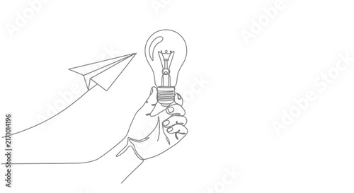 Hand holding light bulb and paper airplane continuous line drawing silhouette