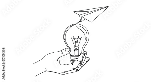 Hand Holding Light Bulb And Paper Airplane Continuous Line Silhouette
