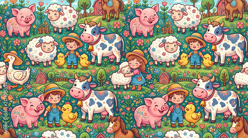 Cute Cartoon Farm Animals and Kids Seamless Pattern on Transparent Background, Isolated on White