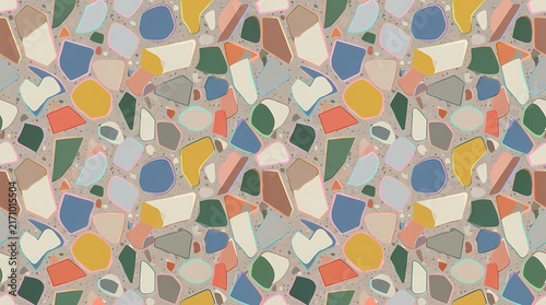 Modern Colorful Seamless Terrazzo Pattern with Geometric Stone, Transparent Background, Isolated on White